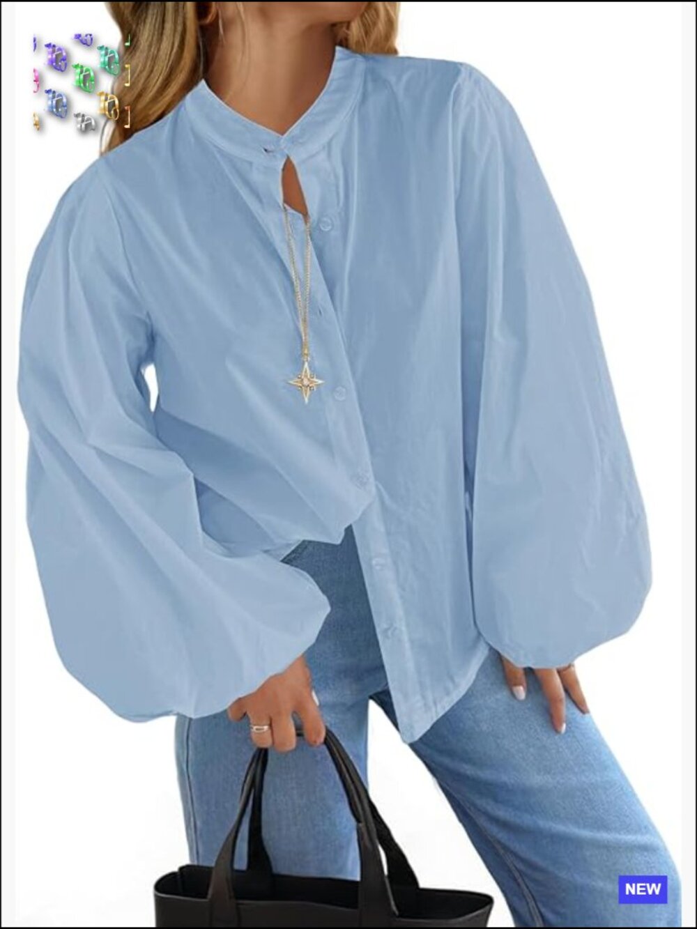 Oversized Mock Neck Blouse Lantern Sleeve Button Down Shirt Loose Fit Cotton Top